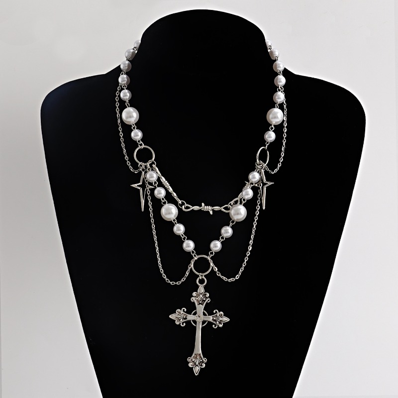 Pearl Choker Necklace Vintage - Punk Crosses จี้สร้อยคอ Gothic Crosses Layered