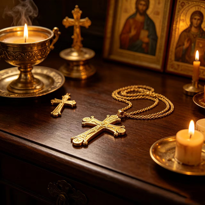 Cross Pendant Necklace Gold - สร้อยคอไม้กางเขนออร์โธดอกซ์พรีเมียม ชุบทองและเงิน จี้รูปพระเยซู พร้อมสายยาว 120 ซม.