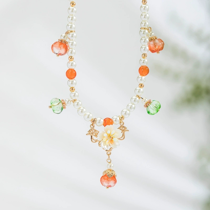 Pearl Choker Necklace Vintage - Vintage Pearlสร้อยคอจี้ฟักทองจีนHanfuอุปกรณ์จัดงานแต่งงานสีแดงสีฟ้าลูกปัดดอกไม้Chokersคลาสสิกเครื่องประดับคอ