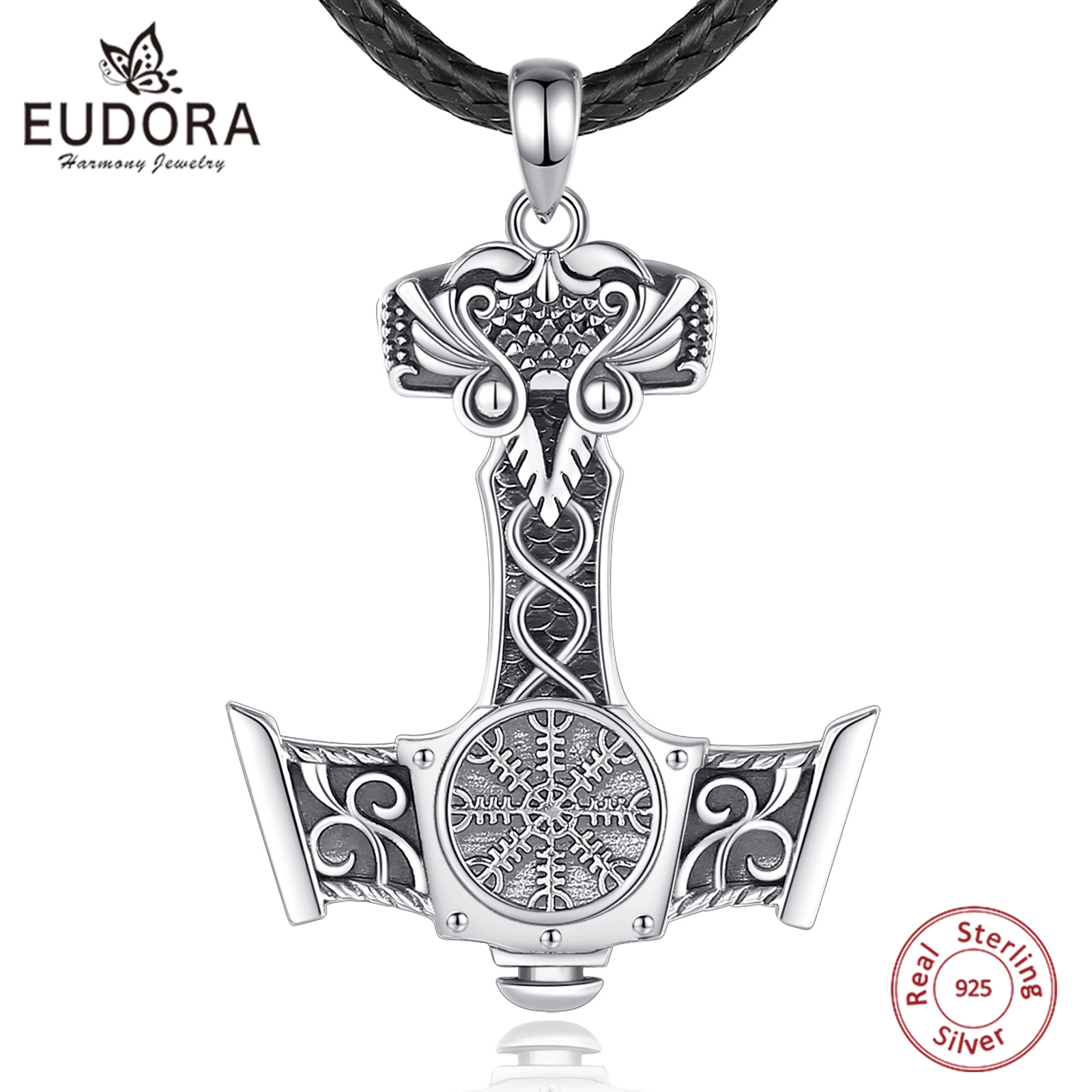 925 Sterling Silver Chain Necklace Men - Eudora 925 เงินสเตอร์ลิงนอร์สไวกิ้ง Thor's Hammer สร้อยคอเข็มทิศ