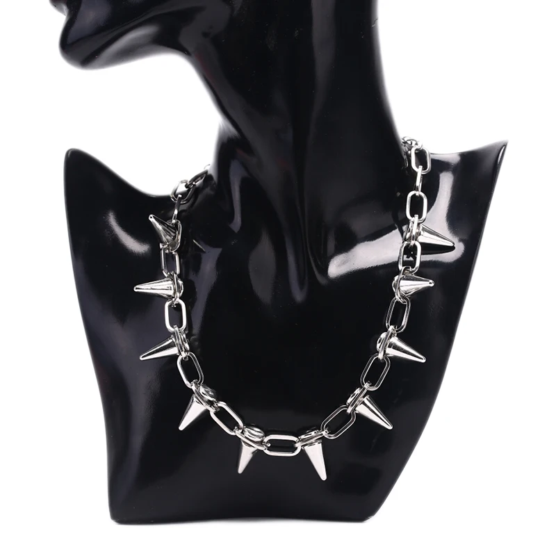 Goth Punk Spike Choker - สร้อยคอโชคเกอร์โซ่ลิงค์สไตล์พังก์ ประดับหมุดแหลม แนวโกธ์ร็อกไบค์เกอร์ สำหรับผู้หญิง