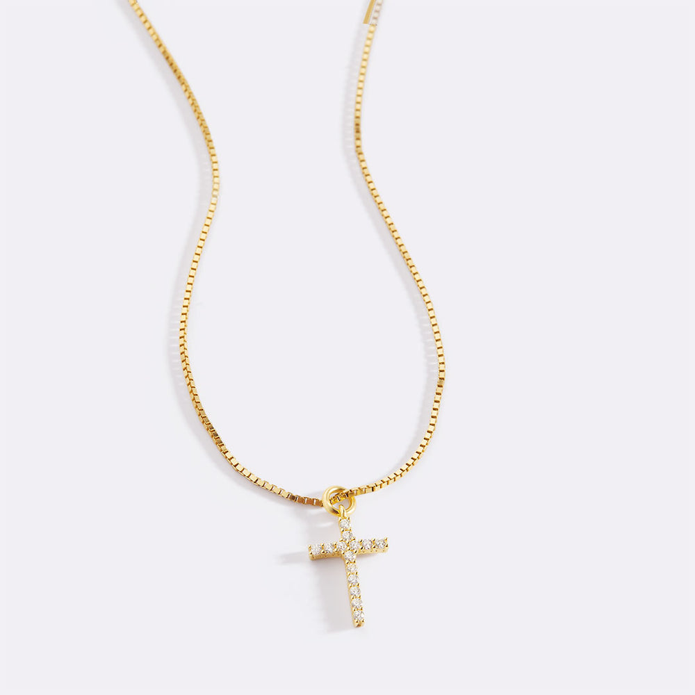 Cross Pendant Necklace Gold - สร้อยคอรูปกางเขนประดับเพชรแบบฝัง สร้อยคอโซ่ชุบทอง 18K ดีไซน์พิเศษ สร้อยคอเครื่องประดับหรูหรา กันน้ำ