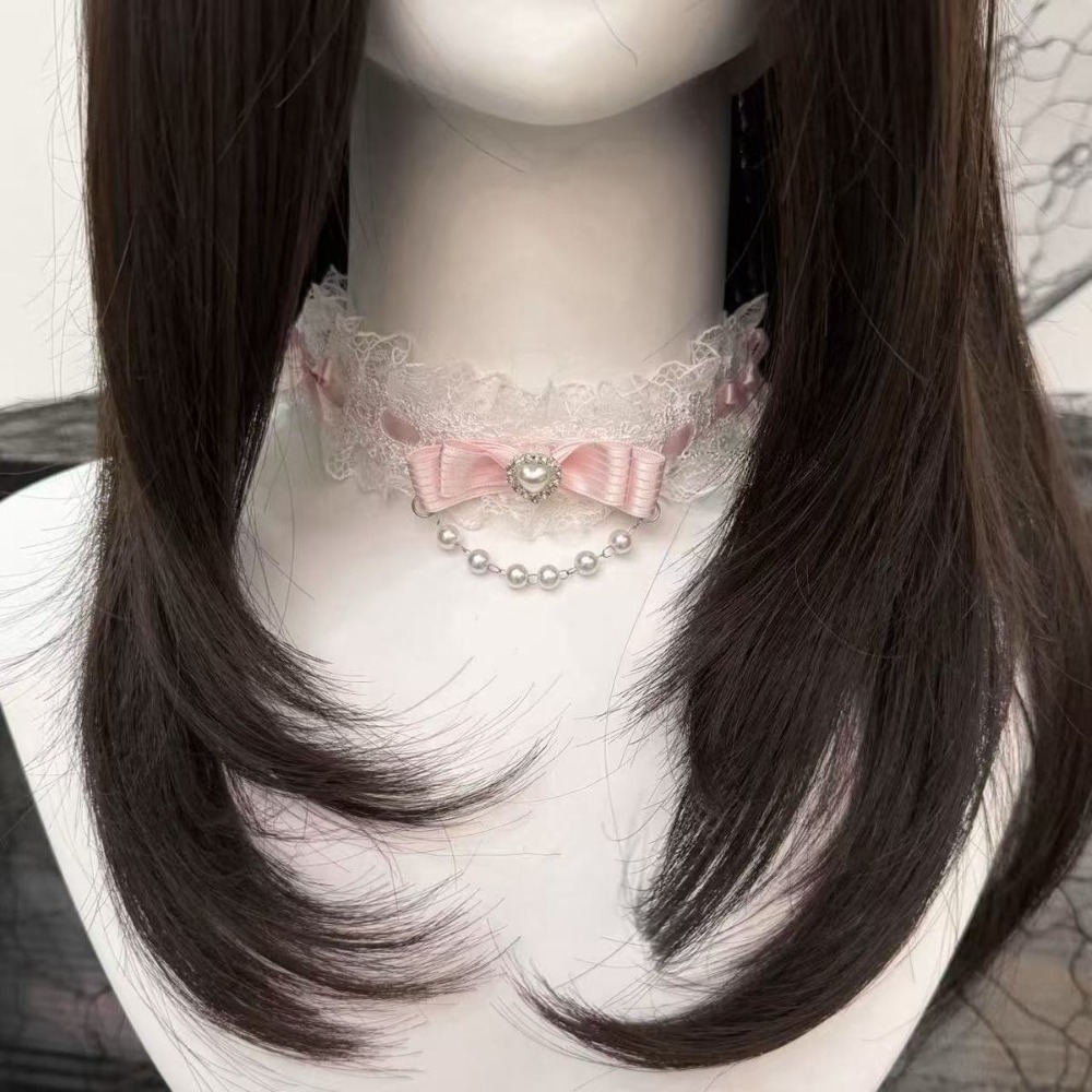 Pearl Choker Necklace Vintage - สร้อยคอแฟชั่นประดับโบว์ลูกไม้สำหรับผู้หญิง สไตล์โลลิต้าประดับมุก สร้อยคอสำหรับสาวๆ สร้อยคอปกผ้าลูกไม้ เครื่องประดับคอสุดน่ารัก
