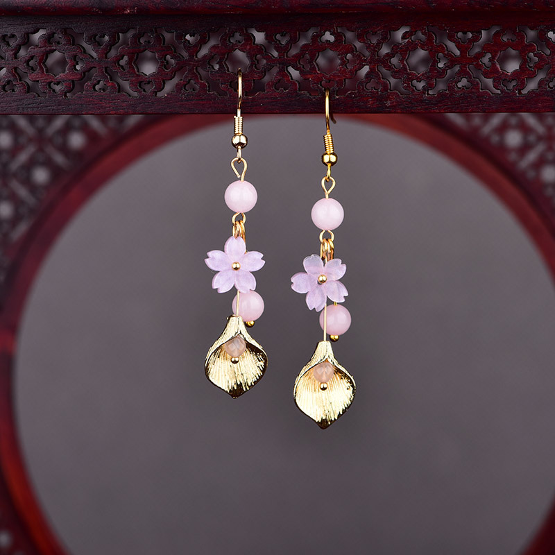 Earrings - ต่างหูหยกธรรมชาติสีชมพู ลายดอกไม้ สไตล์วินเทจ ของขวัญสำหรับผู้หญิง เครื่องราง เครื่องประดับแท้