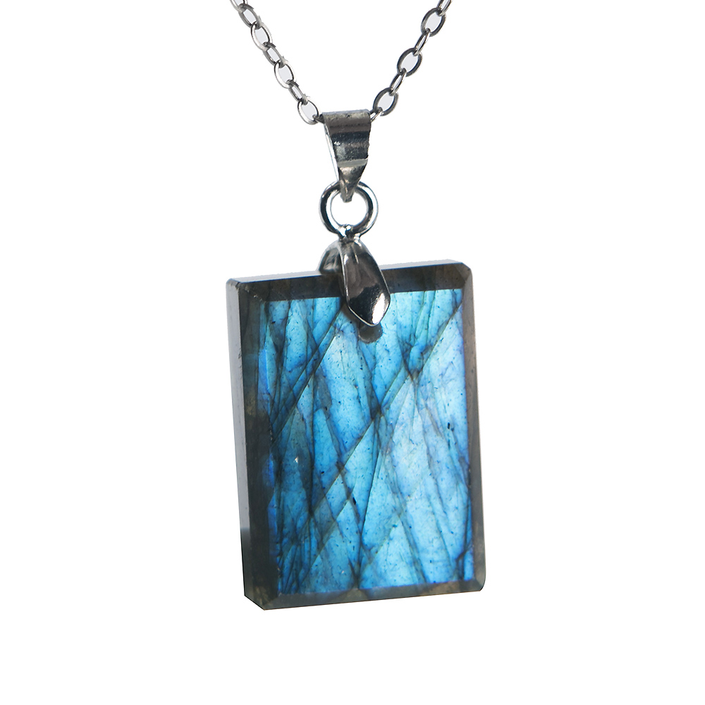 Crystal Pendant Necklace Natural Stone - จี้สร้อยคอ ลาบราโดไรต์ธรรมชาติ เครื่องประดับสำหรับผู้หญิงผู้ชาย ของขวัญ คริสตัล สีเงิน