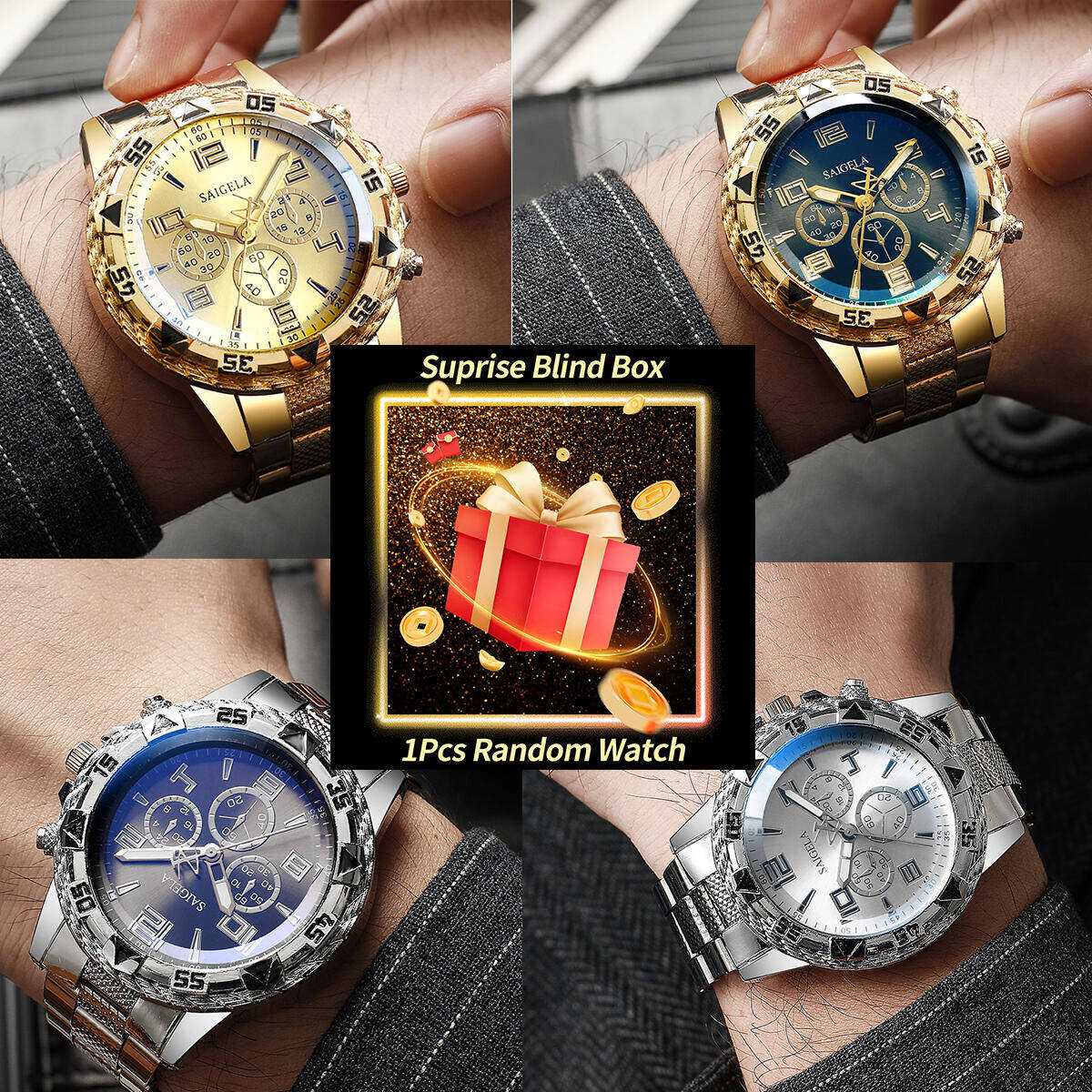 Watch Accessories - นาฬิกาข้อมือผู้ชายแบบกล่องสุ่ม 1 ชิ้น นาฬิกาธุรกิจแฟชั่น หน้าปัดแบบอารบิก สายเหล็ก