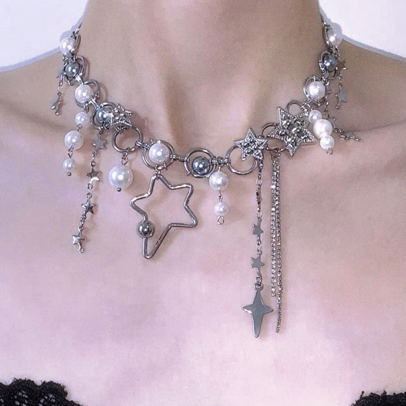 Pearl Choker Necklace Vintage - เครื่องประดับ Y2K สร้อยคอไข่มุกแบบประกบรูปดาวสำหรับผู้หญิงสร้อยคอมีเสน่ห์แบบ MODE KOREA สร้อยคอพังค์เข็มขัดสไตล์วินเทจ