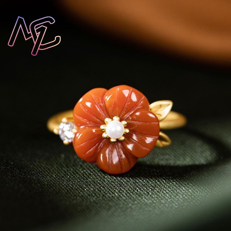 แหวนหยกธรรมชาติสีแดงรูปดอกไม้  - Rings บทวิจารณ์และราคา